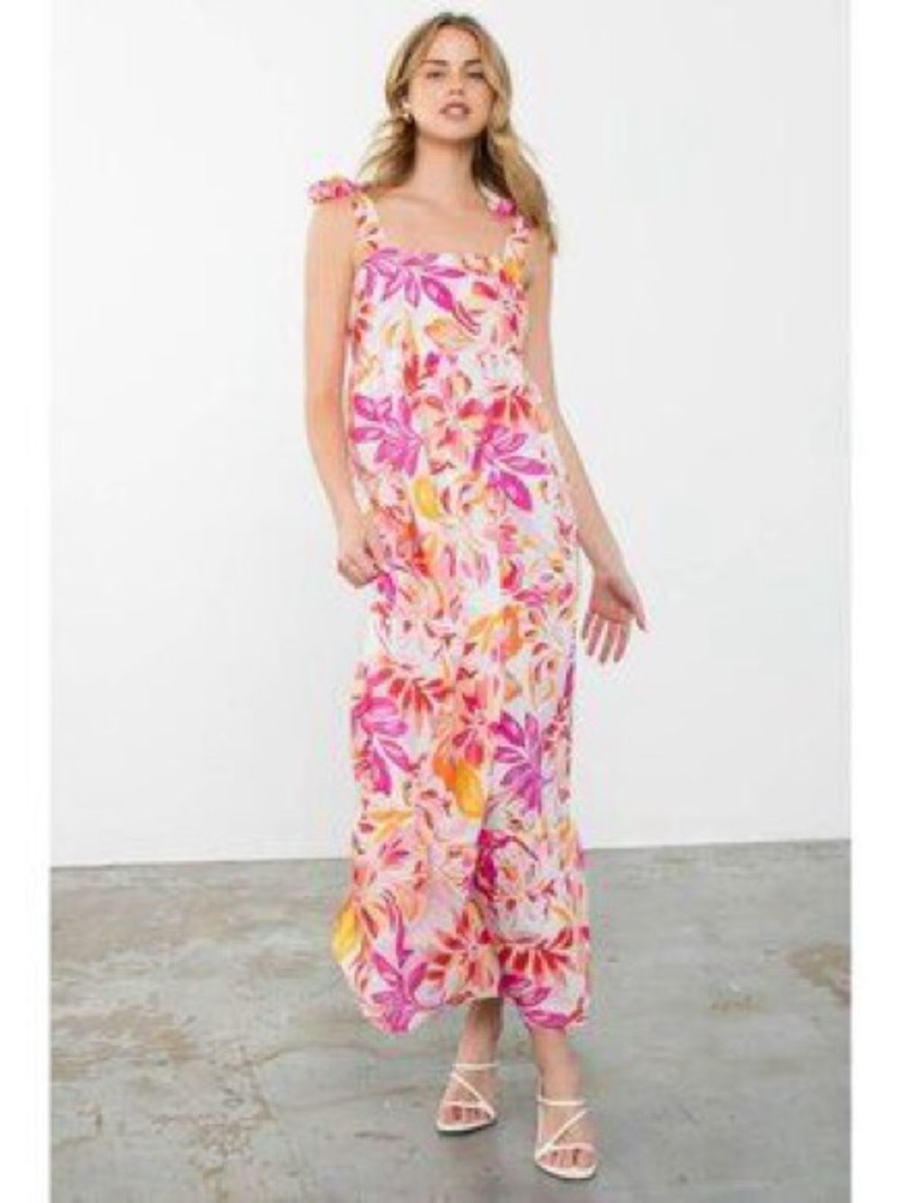 THML Pink Tropical Flower Tie Sleeve Maxi Dress
